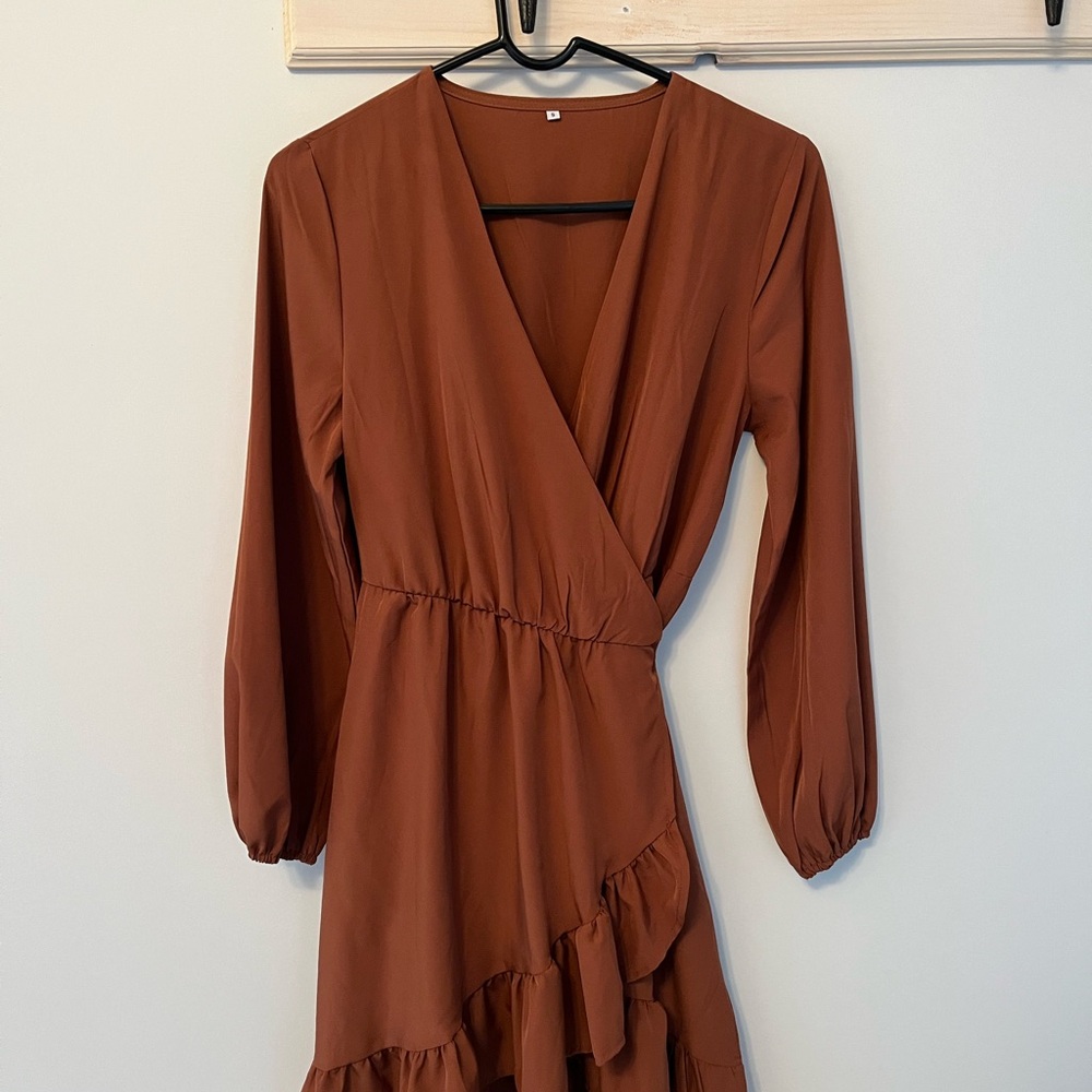 Elegant Burnt Orange/Brown Wrap Dress